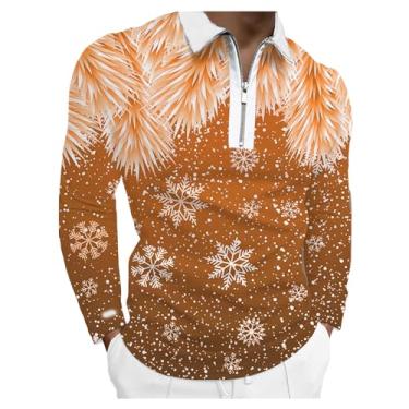 Imagem de Camisetas masculinas de Natal casuais com estampa de floco de neve, camisa polo de manga comprida com lapela, Laranja, XXG