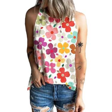 Imagem de Yueary Camiseta regata feminina de verão, gola única, estampa floral, sem mangas, casual, solta, estampada, regata de praia, Branco, M