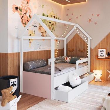 Imagem de Cama Montessori Infantil Tipo Cabana Com 2 Gavetas Branco Rosa - Compl