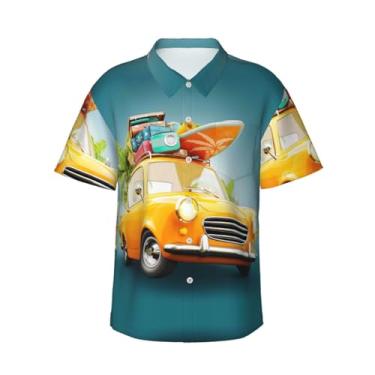 Imagem de Xiso Ver Camiseta masculina havaiana de girassol de manga curta, casual, praia, verão, festa na praia, Carro retrô divertido de verão com prancha de surfe, 3G