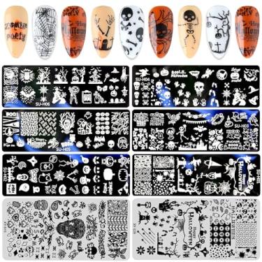 Imagem de EBANKU 8 peças de placas de estampagem de arte de unhas de Halloween moldes de carimbo de unhas de Halloween placa de carimbo de unhas abóbora crânio morcego bruxa placas de carimbo de esmalte de unhas DIY designs de estêncis de unhas