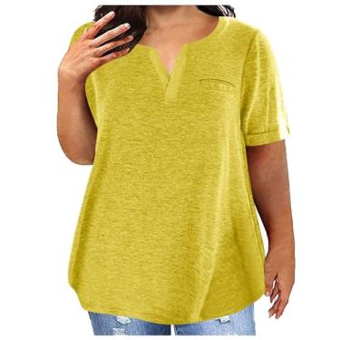 Imagem de Camisetas femininas folgadas longas plus size gola V camiseta feminina manga curta básica verão outono 2024, Q-85 amarelo mostarda, 5G