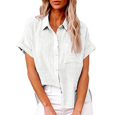 Imagem de Camisetas femininas de verão 2024 de manga curta com botões, blusa de linho de algodão, gola V, roupas femininas casuais, Ofertas relâmpago branco, GG