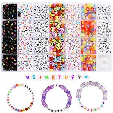 Imagem de Simetufy 1400 contas de letras para fabricação de joias de pulseira, 7 estilos coloridos redondos números do alfabeto contas em forma de coração com cordão elástico, kit (7 x 4 mm) para artesanato DIY