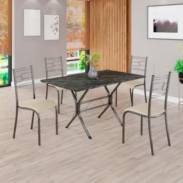 Imagem de Conjunto Sala de Jantar Mesa Retangular 120x75cm Tampo Pedra Ardósia Indiana 4 Cadeiras Paraty Creme/Mart Prata