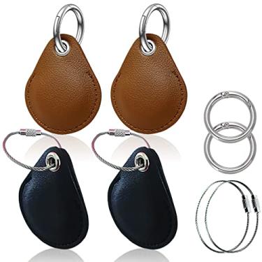 Imagem de Capa de couro para Airtags 2021 como acessórios de montagem com chaveiro para conectar para rastreador/localizador, capa completa com suporte Airtag para proteger e cobrir itens (preto e marrom) (pacote com 4)