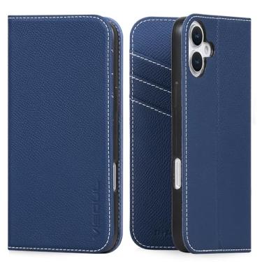 Imagem de VISOUL Capa carteira compatível com iPhone 16 com suporte para cartão, couro real, cor contrastante, suporte magnético, flip, capa fólio, designer para iPhone 16 (6,1 polegadas), azul marinho