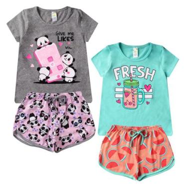 Imagem de Kit 2 Conjunto Verão Infantil Feminino Blusinha e Shorts em Algodão + 