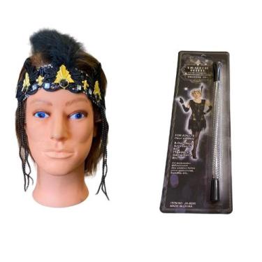 Imagem de Kit Melindrosa Luxo + Varinha Cigarrete Fantasia Anos 60 - Blook, Pret