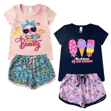 Imagem de Kit 2 Conjunto Verão Infantil Feminino Blusinha e Shorts em Algodão + 