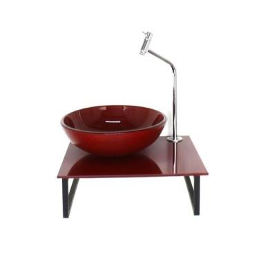 Imagem de Kit Cuba Vidro Redonda 10Mm Tampo 40Cm Vermelho Cereja Full - Cubas E 