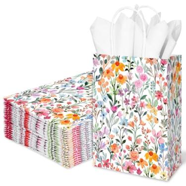 Imagem de JarThenaAMCS 24 peças de sacos de papel de flores silvestres aquarela floral colorida para lembrancinhas de festa com alça e 30 folhas de papel de seda para casamento, aniversário, chá de bebê