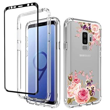 Imagem de Bohefo Capa para Galaxy S9+/S9 Plus G965U com protetor de tela de vidro temperado, capa protetora para celular à prova de choque floral fofa de corpo inteiro para Samsung Galaxy S9 Plus (flor rosa)