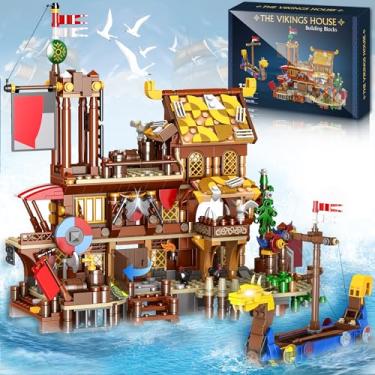 Imagem de Viking Pirate Ship Building Block Set with Dragon Head Viking Ship Building Block and Viking House Building Block Set, Creative Architecture Building Block Gifts for Kids Age 12+ Years Old, 1039Pcs