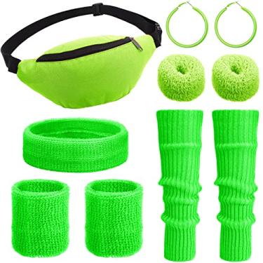 Imagem de Aquecedores de perna femininos neon dos anos 80, pulseiras, brincos, anéis de cabelo, conjunto de pochete de malha anos 80, acessórios femininos neon (verde)
