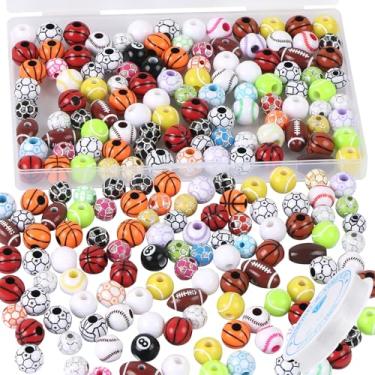 Imagem de 100 contas de bola esportiva a granel com corda elástica de 5,5 jardas, softball, acrílico, futebol americano, basquete, vôlei, beisebol, tênis, contas, para pulseira DIY, colar, chaveiro, acessórios