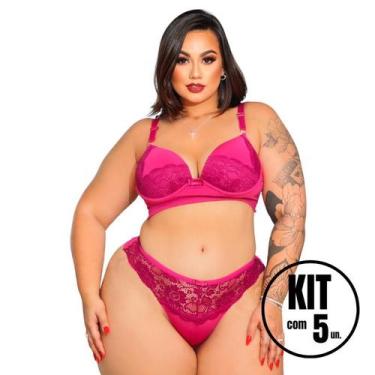 Imagem de Kit 5 Conjuntos Calcinha e Sutiã Plus Size Fio Dental Rendado Fio Dupl