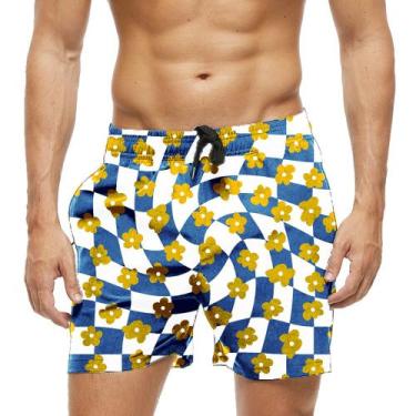 Imagem de Short Praia Shorts Banho Bermuda Verão Xadrez Azul Flowers Yellow 810 