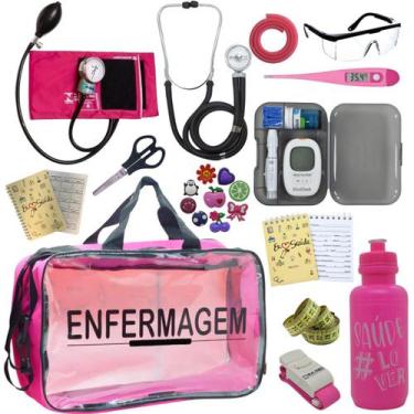 Imagem de Kit Bolsa Transparente Aparelho de Pressão Aneroide Medidor de Glicose