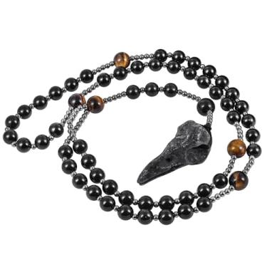 Imagem de Nupuyai Colar com pingente de caveira de corvo de pedra esculpida para homens e mulheres, olho de tigre católico bruxo viking e rosário de contas de hematita preta para proteção de oração, Pedra Aagte