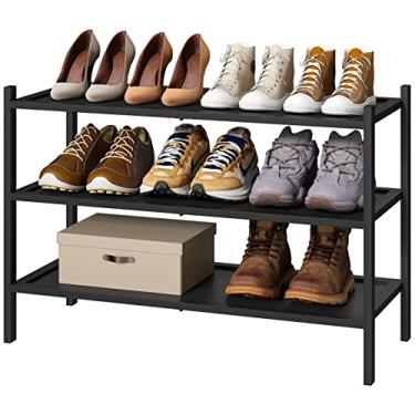 Imagem de Sapateira de 3 níveis, sapateiras para armário de corredor de quarto, organizador de sapatos estreito para entrada de armário, prateleira de sapatos, marrom rústico e preto