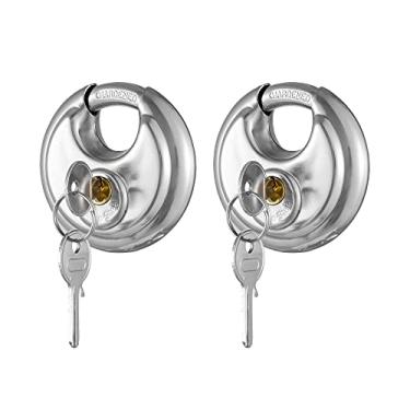 Imagem de CINCINNO Cadeado de disco com chave, trava de unidade de armazenamento de aço inoxidável, 6 cm de largura, 9,5 cm de diâmetro, travas de disco para galpões, garagens e cercas, pacote com 2