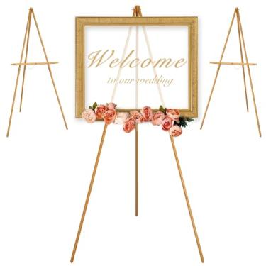 Imagem de VISWIN 3 Peças 63 "Tripé de Madeira Dourada Suporte de Cavalete para Sinal de Casamento, Pôster, Piso de Cavalete de Artista com Moldura para Pintura, Tela, Cavalete Dobrável