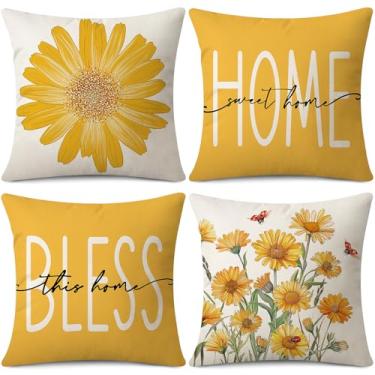 Imagem de Gujiahone Capas de almofada primavera verão 45,7 x 45,7 cm conjunto de 4 margaridas amarelas joaninha doce lar Bless This Home fronhas decorativas para sofá-cama decoração de casa