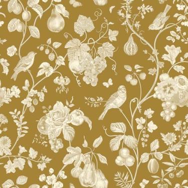 Imagem de VEELIKE Papel de parede de pássaro de frutas mostarda escura, vintage, floral, descascar e colar, papel de parede para quarto, banheiro, 40 x 900 cm, papel de parede chinoiserie pré-colado, papel de