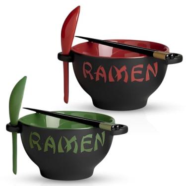 Imagem de Conjunto de tigelas de ramen de cerâmica vermelha e verde com pauzinhos e colher - Conjunto de 2 tigelas de macarrão de cozinha para micro-ondas para macarrão instantâneo, macarrão pho, udon, sopa de