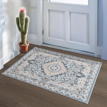 Imagem de Foxmas Tapetes pequenos para entrada de 5 x 7 metros, tapete antiderrapante, entrada interna, vintage, lavável, tapetes para entrada, quarto, cozinha, sala de estar, azul