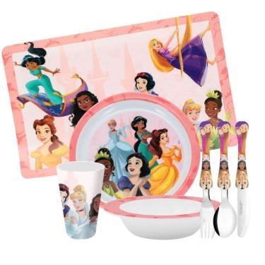 Imagem de Jogo Refeição Infantil Princesas Disney 7 Peças Tigelas, Copo, Lugar Americano e Talheres - Tuut