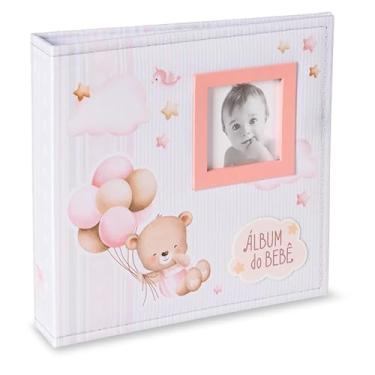 Imagem de Álbum de fotos Ical, encadernação fichário, para 200 fotos 10x15cm - envelope plástico branco - linha Bebê - capa em tecido - modelo salmão urso balões com janela - 868