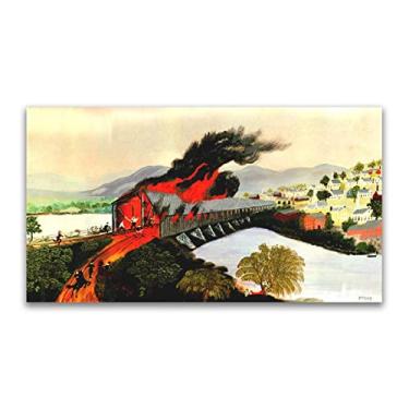 Imagem de Pinturas a óleo Grandma Moses Anna Mary Robertson. Reprodução impressa em tela. Obra de arte famosa (A Queima de Troia em 1862) Pôster e impressões de paisagem. Imagens de arte de parede em tela 70 x