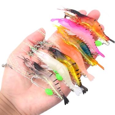 Imagem de AGNURCADE Conjunto de 7 peças de iscas de camarão, 7 cores de brilho suave artificial de camarão com contas de gancho afiadas luminosas para água salgada, robalo, truta, peixe-gato e salmão