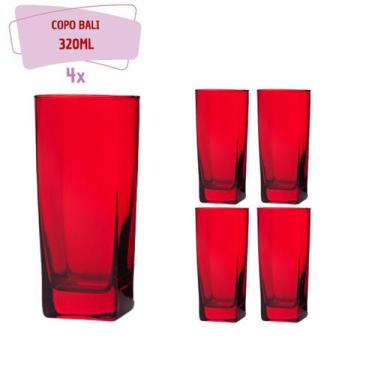 Imagem de Jogo 4 Copos Texas Quadrado Vidro Vermelho Mesa Posta 320ml - PRATICAS