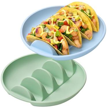 Imagem de Conjunto de 2 suportes de silicone para tacos, 24,8 cm com divisórias, placas de silicone para tacos rígidos/macios, suporte de taco para pratos de servir de festa de taco, pode ir à lava-louças e ao