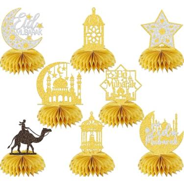 Imagem de 8 peças Umrah Mubarak centro de mesa de centro de colmeia Eid Mubarak para decoração de festa feliz Eid muçulmano festival islamismo decorações de festa suprimentos ouro glitter