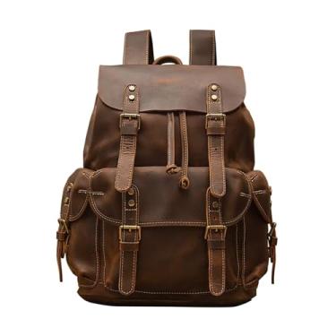 Imagem de Mochila de couro genuíno artesanal vintage para homens moda mochila de couro retro bolsa de ombro casual