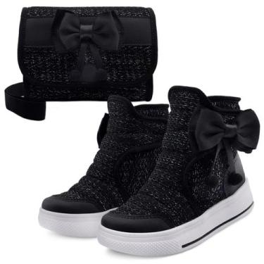 Imagem de Kit Bota Infantil Feminina Cano Alto Com Bolsa Menina Preta/Brilho Gat