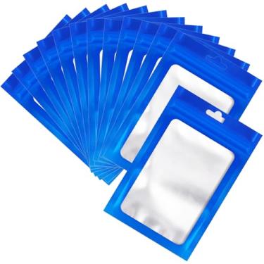 Imagem de 100 unidades de sacos de armazenamento de alimentos Mylar Ziplock resseláveis, saco à prova de cheiro com janela transparente, bolsa de embalagem para grãos de café, doces e amostras de alimentos (azul, 7,6 x 12,8 cm)