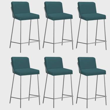 Imagem de Kit 06 Banqueta Alta Com Encosto Drika Industrial Cozinha Bistrô Ferro Prata Suede Azul Turquesa - Ahz Móveis