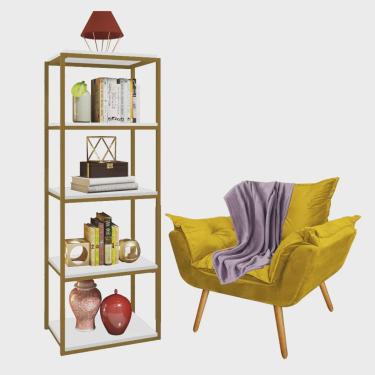Imagem de Kit Poltrona Fatte com Manta Soft Lilás e Estante Livreiro Ferro Dourado mdf Branco Suede Amarelo - Ahz Móveis