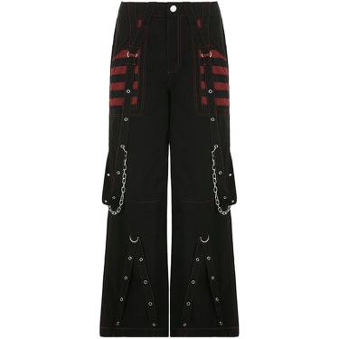 Imagem de GOTH Dark Y2K punk perna larga calça preta shopp shop gótico harajuku calça folgada de cintura alta tira de retalhos de retalhos de roupas de tecnologia, preto, m