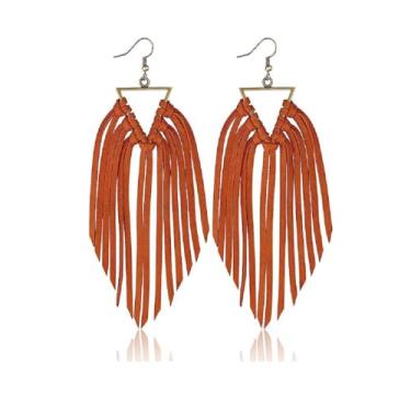 Imagem de Brincos boêmios de couro leve com franja triangular, couro de veado, boêmio, estilo boêmio, brincos de anjo, para mulheres (marrom), Liga de aço, Sem pedra preciosa