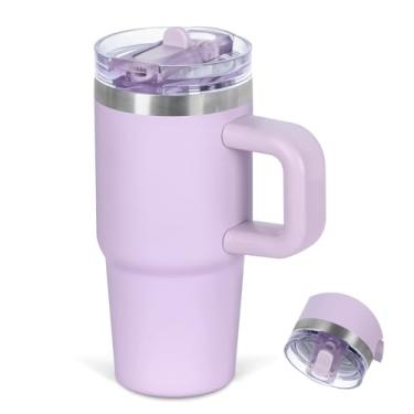 Imagem de Cosictic Copo de canudo flip de 400 ml com alça para crianças, copo isolado de parede dupla de aço inoxidável para crianças com tampa flip top, copos à prova de vazamento de 400 ml para crianças, roxo