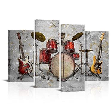 Imagem de Derkymo Vintage Music Canvas Wall Art Drum Guitar Picture Painting Prints for Music Studio Music Bar Decoration Framed Ready to Hang 12"x24"X2pcs+12"x32"x2pcsQ