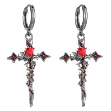 Imagem de WCRAZYE Brincos góticos, brincos de espada para mulheres, punk, strass, punhal, gótico, legal, espada, parafuso, joia de Halloween, Zinco, desconhecido