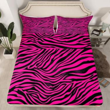 Imagem de Feelyou Jogo de lençol solteiro com estampa animal zebra, rosa, choque, arte abstrata, microfibra e listras