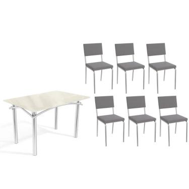 Imagem de Sala de Jantar Completa Elba Tampo Madeirado c/ Vidro 120cm e 6 Cadeiras Zaria Cromada/Off White - Suede Cinza - Kappesberg